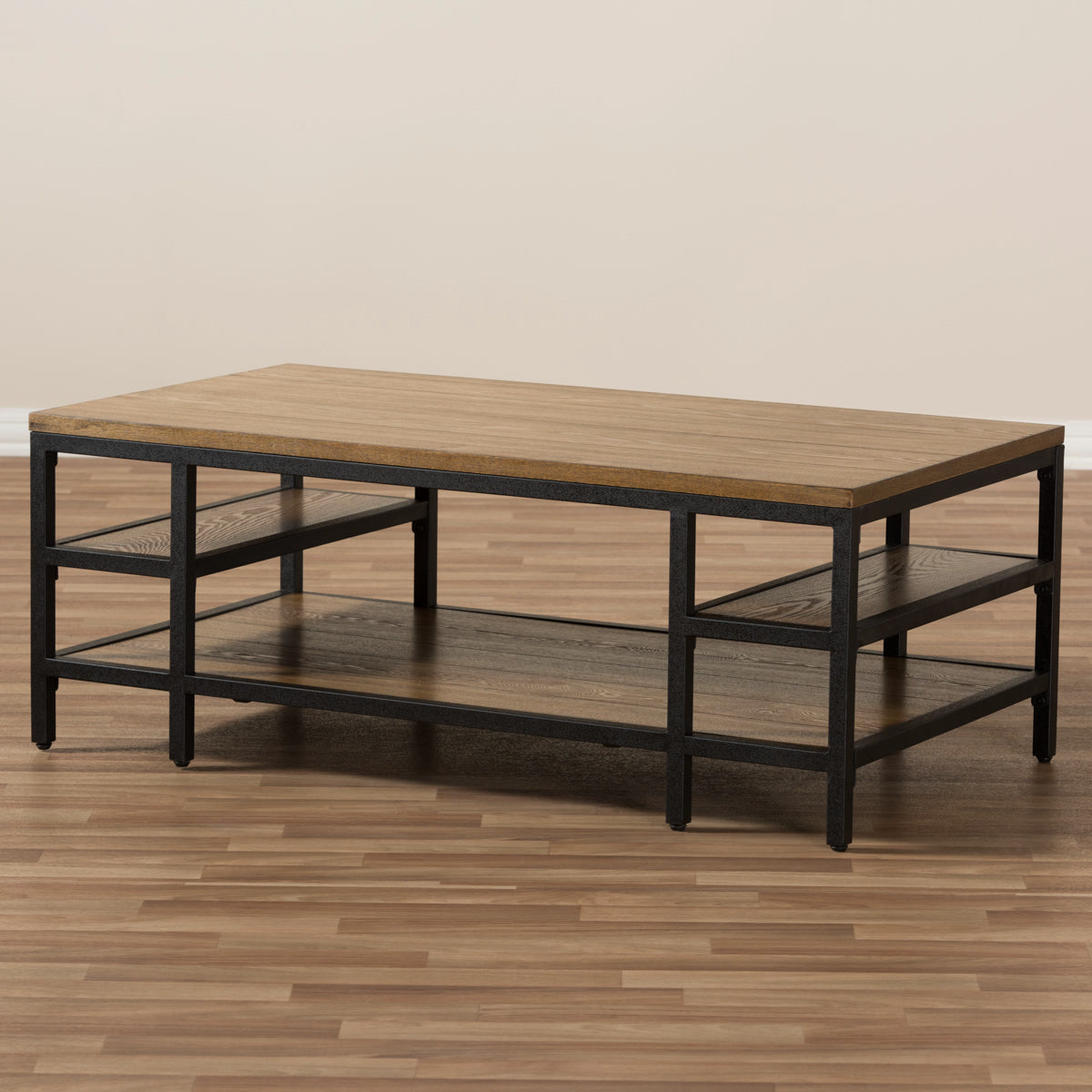 Baxton Studio Caribou Rustic Industrial Style Oak Brown Finished Wood and Black Finished Metal Coffee Table Baxton Studio-coffee tables-Minimal And Modern - 7