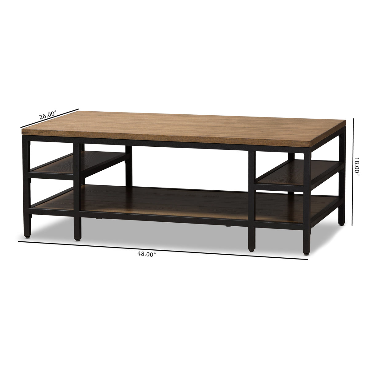 Baxton Studio Caribou Rustic Industrial Style Oak Brown Finished Wood and Black Finished Metal Coffee Table Baxton Studio-coffee tables-Minimal And Modern - 8