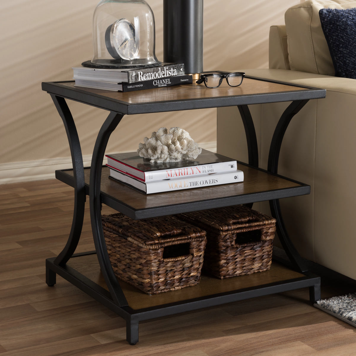 Baxton Studio Lancashire Rustic Industrial Style Oak Brown Finished Wood and Black Finished Metal End Table Baxton Studio-coffee tables-Minimal And Modern - 7