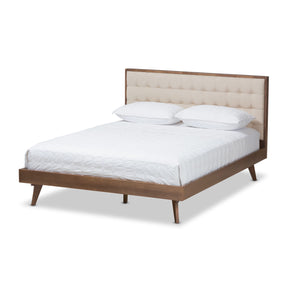 Baxton Studio Soloman Mid-Century Modern Light Beige Fabric and Walnut Brown Finished Wood Queen Size Platform Bed Baxton Studio-beds-Minimal And Modern - 1