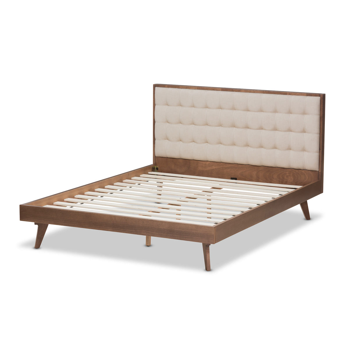Baxton Studio Soloman Mid-Century Modern Light Beige Fabric and Walnut Brown Finished Wood Queen Size Platform Bed Baxton Studio-beds-Minimal And Modern - 3