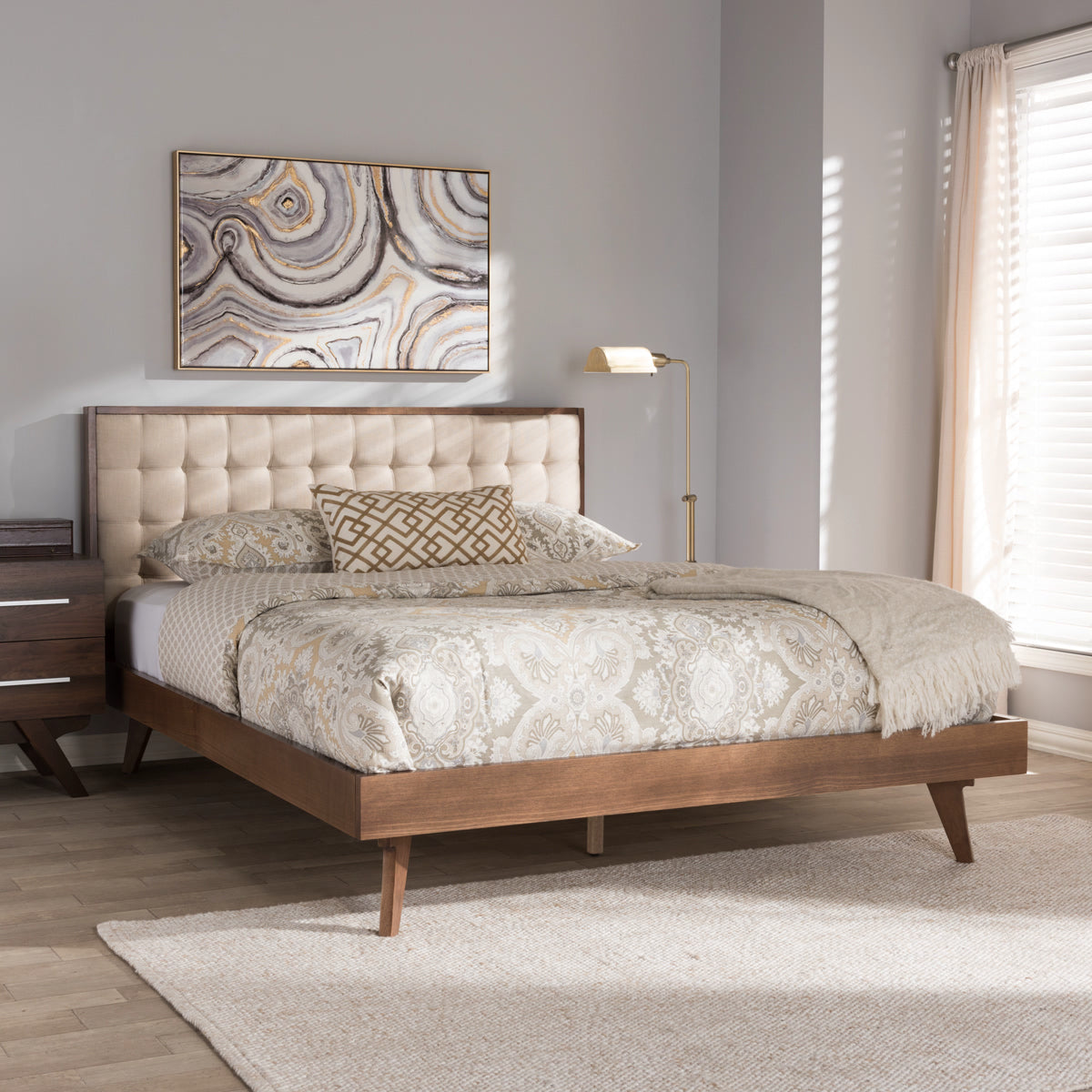 Baxton Studio Soloman Mid-Century Modern Light Beige Fabric and Walnut Brown Finished Wood Queen Size Platform Bed Baxton Studio-beds-Minimal And Modern - 7