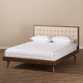 Baxton Studio Soloman Mid-Century Modern Light Beige Fabric and Walnut Brown Finished Wood Queen Size Platform Bed Baxton Studio-beds-Minimal And Modern - 8