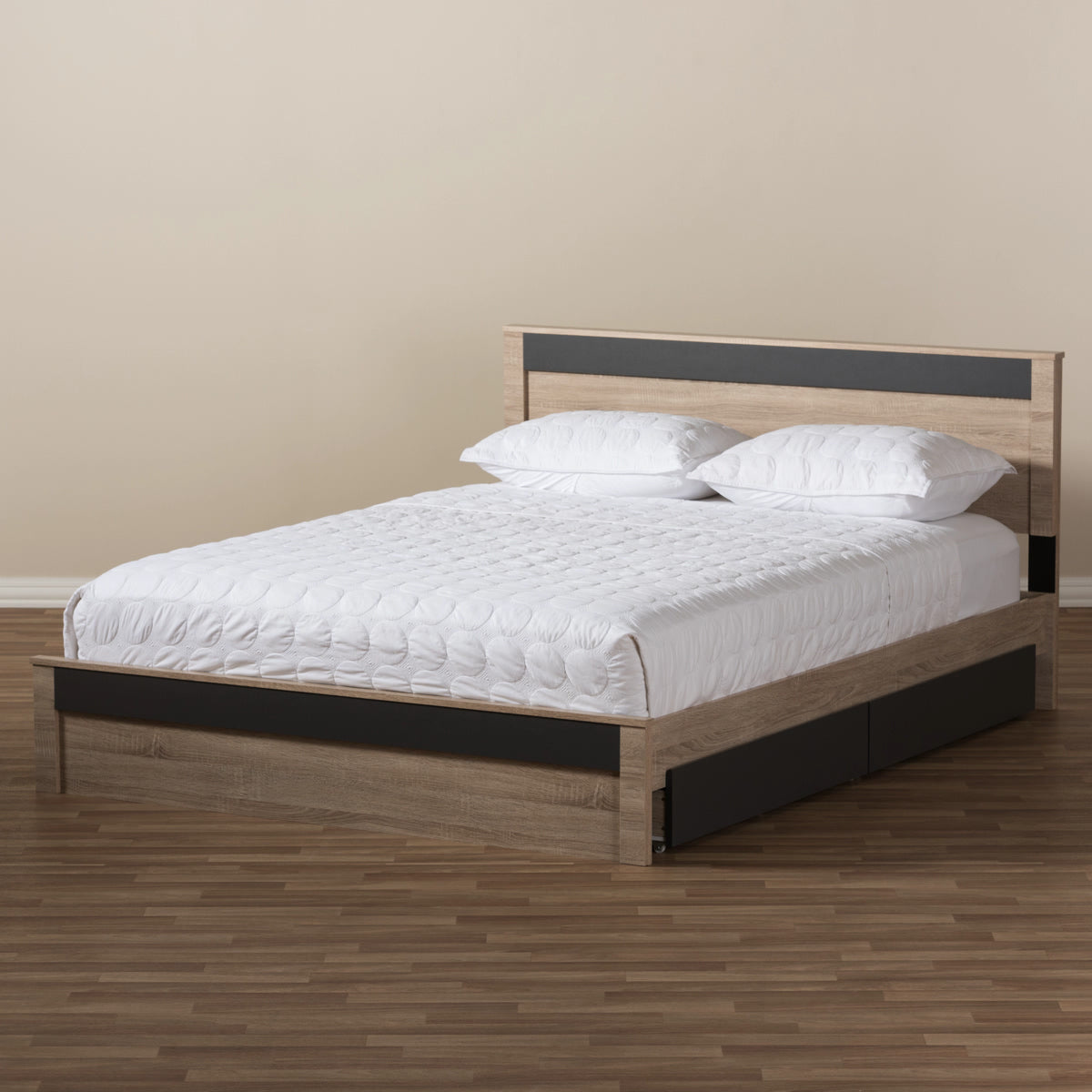 Baxton Studio Jamie Modern and Contemporary Two-Tone Oak and Grey Wood Queen 2-Drawer Queen Size Storage Platform Bed Baxton Studio-Queen Bed-Minimal And Modern - 10