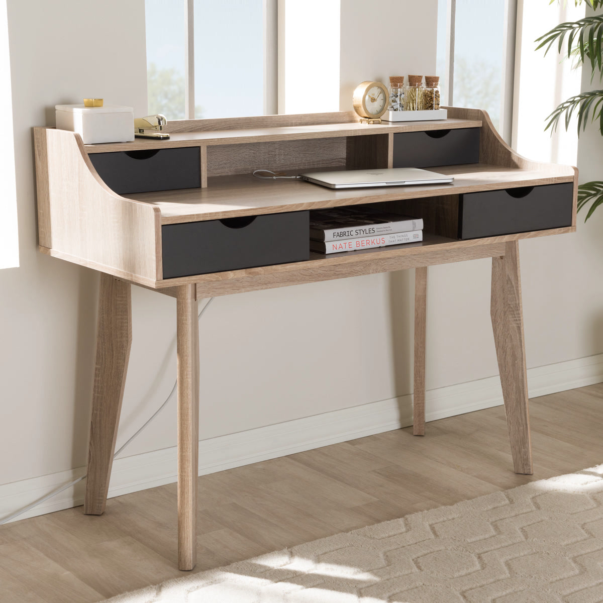 Baxton Studio Fella Mid-Century Modern 4-Drawer Oak and Grey Wood Study Desk Baxton Studio-Desks-Minimal And Modern - 8