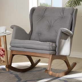 Baxton Studio Maggie Mid-Century Modern Grey Fabric Upholstered Walnut-Finished Rocking Chair