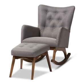 Baxton Studio Waldmann Mid-Century Modern Grey Fabric Upholstered Rocking Chair and Ottoman Set Baxton Studio-Rocking Chair Sets-Minimal And Modern - 1