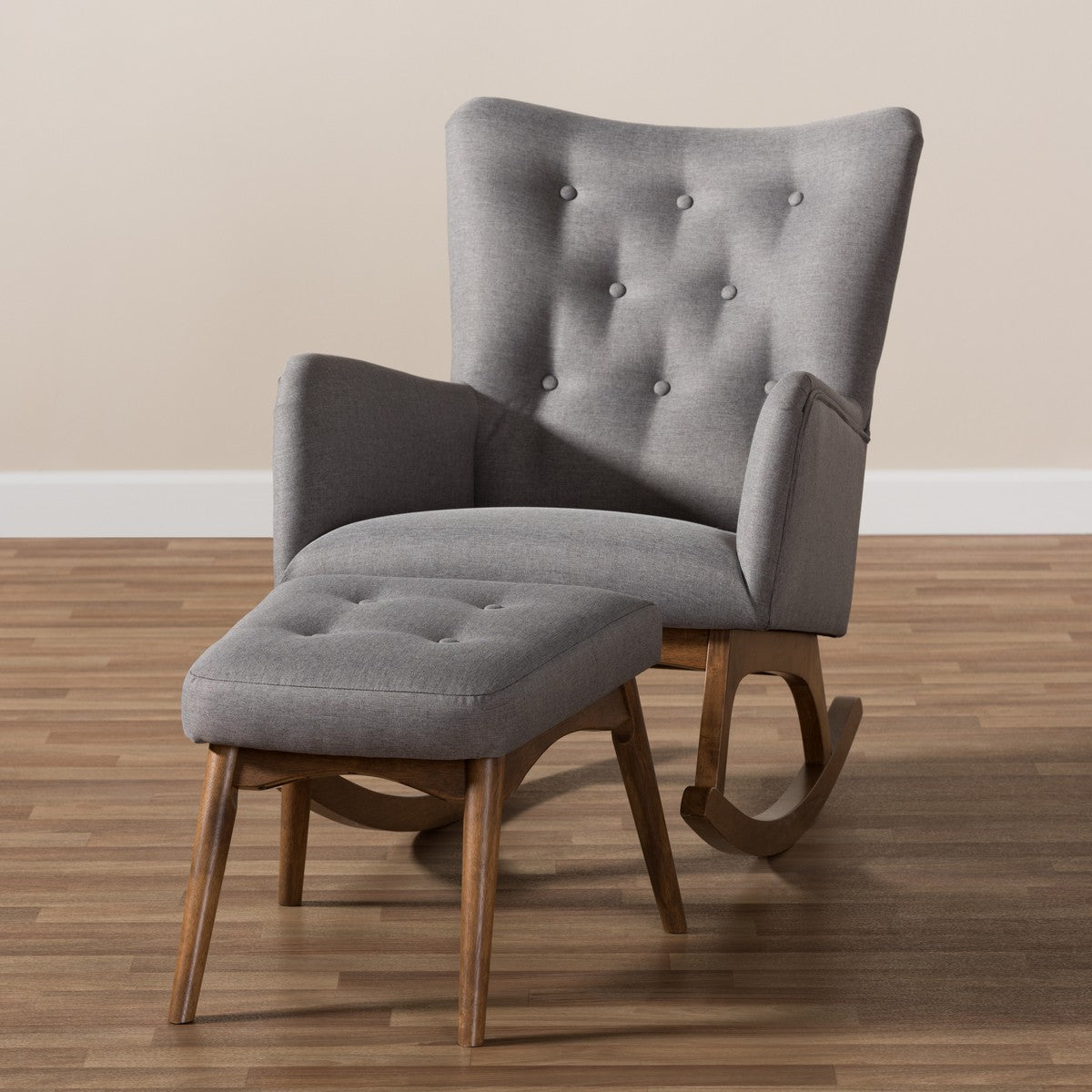 Baxton Studio Waldmann Mid-Century Modern Grey Fabric Upholstered Rocking Chair and Ottoman Set
