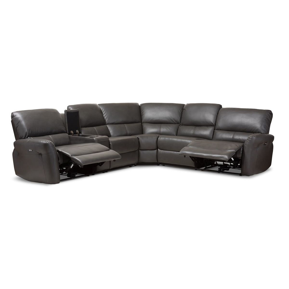 Baxton Studio Amaris Modern and Contemporary Grey Bonded Leather 5-Piece Power Reclining Sectional Sofa with USB Ports Baxton Studio-sofas-Minimal And Modern - 5