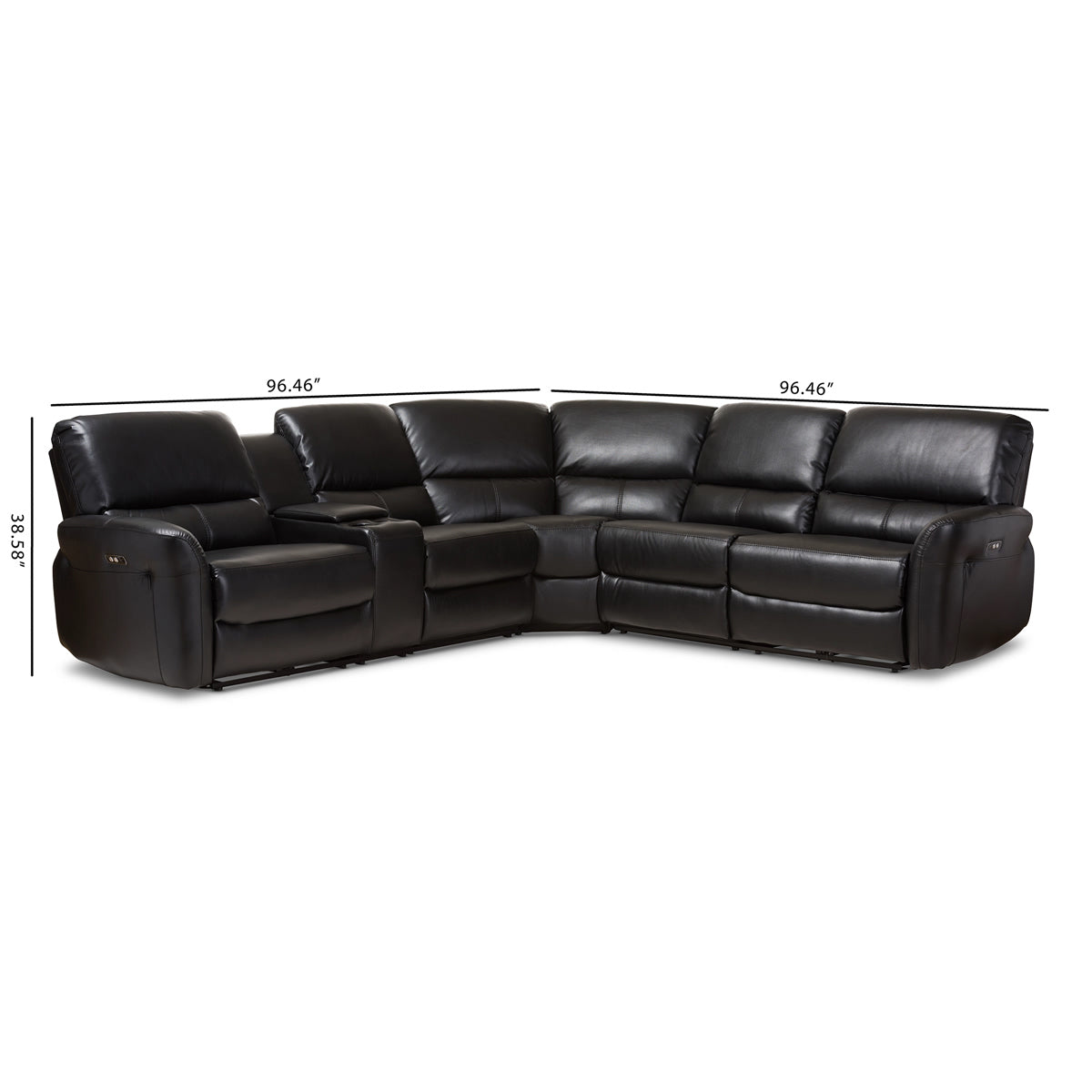 Baxton Studio Amaris Modern and Contemporary Black Bonded Leather 5-Piece Power Reclining Sectional Sofa with USB Ports Baxton Studio-sofas-Minimal And Modern - 4