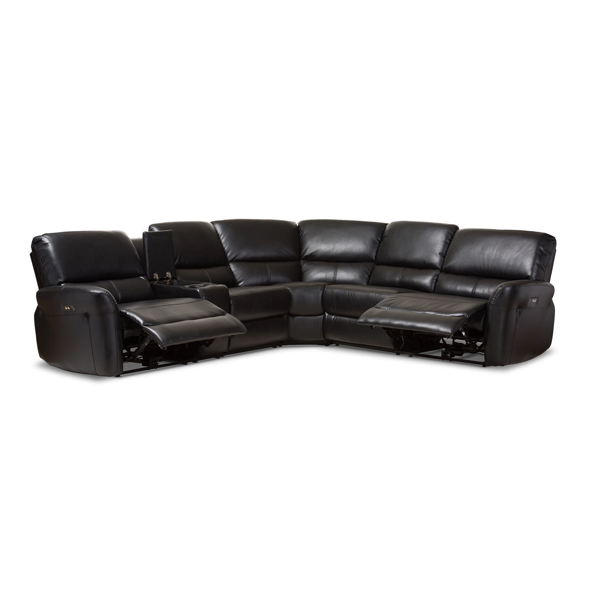 Baxton Studio Amaris Modern and Contemporary Black Bonded Leather 5-Piece Power Reclining Sectional Sofa with USB Ports Baxton Studio-sofas-Minimal And Modern - 5