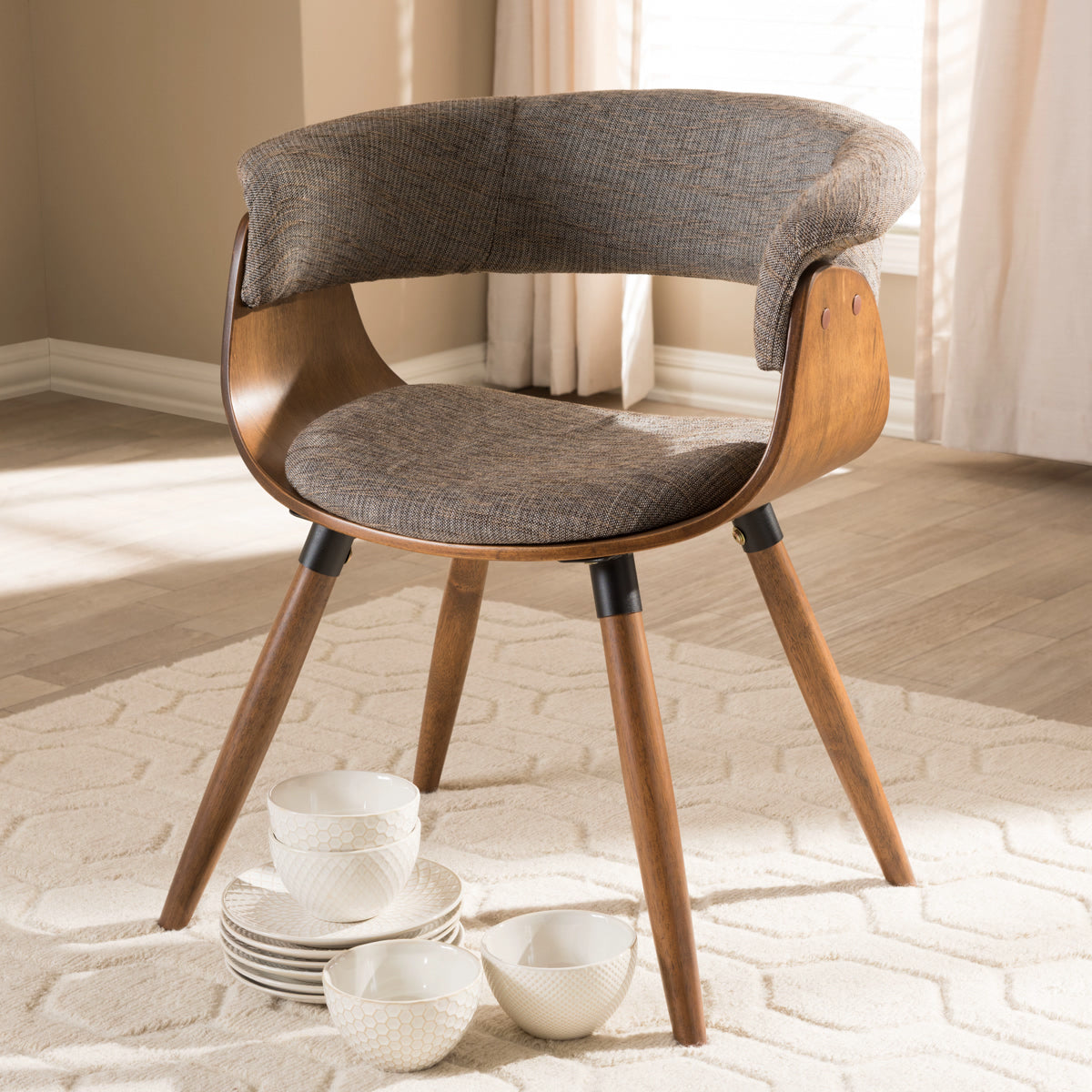 Baxton Studio Bryce Mid-Century Modern Grey Fabric Upholstered Walnut Finished Bent Wood Dining Chair Baxton Studio-dining chair-Minimal And Modern - 7