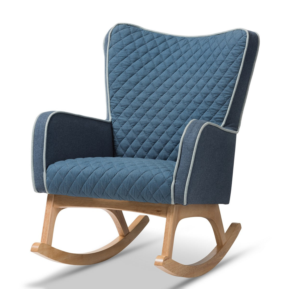 Baxton Studio Zoelle Mid-Century Modern Blue Fabric Upholstered Natural Finished Rocking Chair Baxton Studio-Rocking Chairs-Minimal And Modern - 1