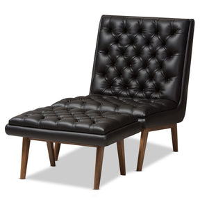 Baxton Studio Annetha Mid-Century Modern Black Faux Leather Upholstered Walnut Finished Wood Chair And Ottoman Set Baxton Studio-0-Minimal And Modern - 1