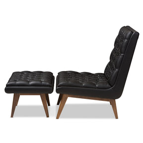 Baxton Studio Annetha Mid-Century Modern Black Faux Leather Upholstered Walnut Finished Wood Chair And Ottoman Set Baxton Studio-0-Minimal And Modern - 3