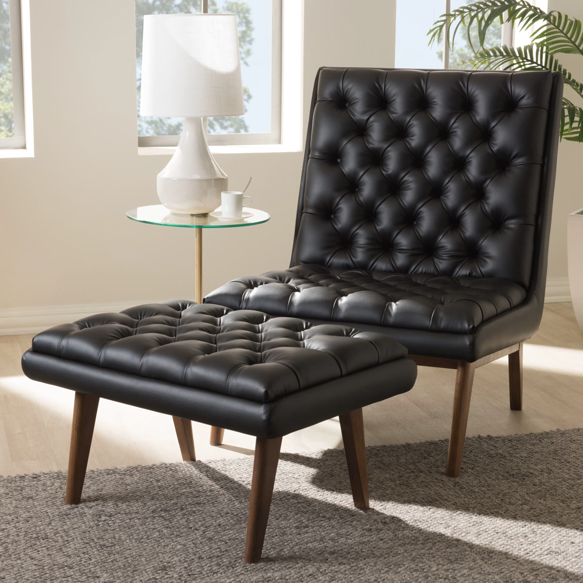 Baxton Studio Annetha Mid-Century Modern Black Faux Leather Upholstered Walnut Finished Wood Chair And Ottoman Set Baxton Studio-0-Minimal And Modern - 7