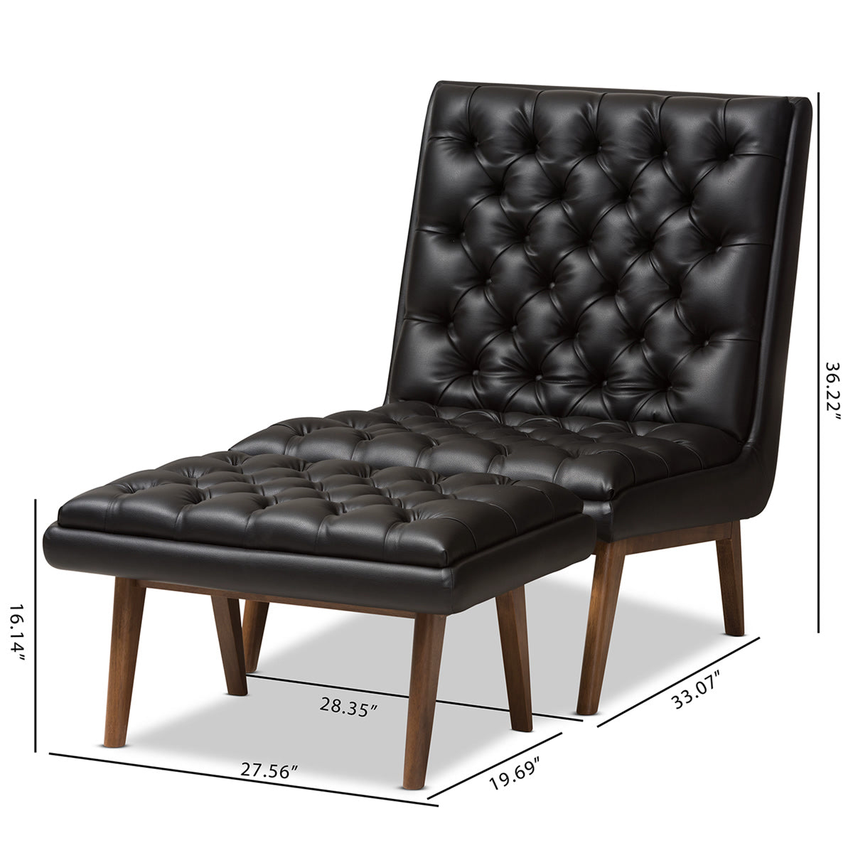 Baxton Studio Annetha Mid-Century Modern Black Faux Leather Upholstered Walnut Finished Wood Chair And Ottoman Set Baxton Studio-0-Minimal And Modern - 9