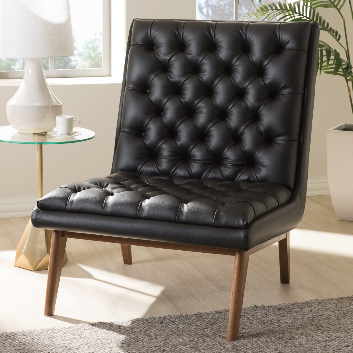 Baxton Studio Annetha Mid-Century Modern Black Faux Leather Upholstered Walnut Finished Wood Lounge Chair Baxton Studio-chairs-Minimal And Modern - 7