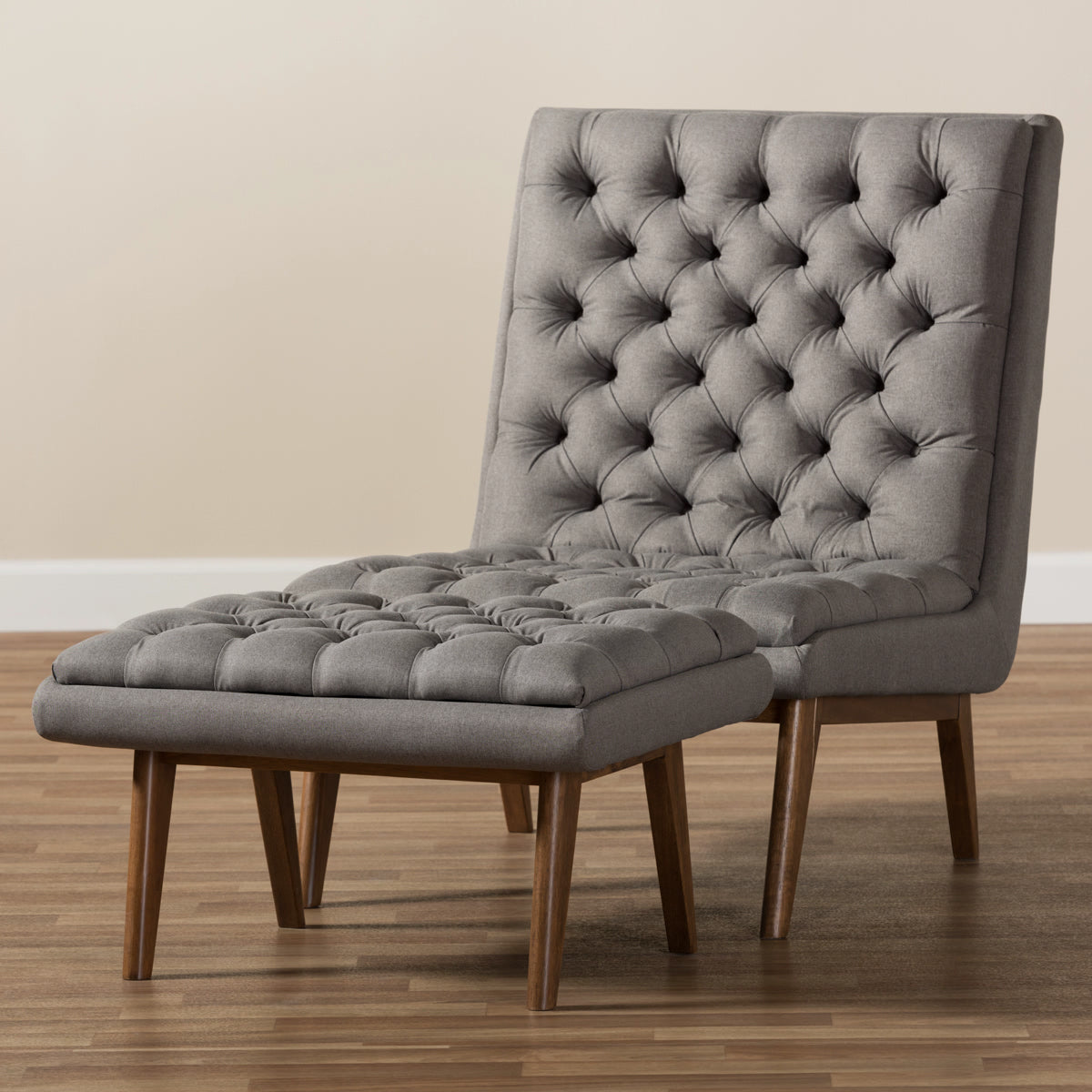Baxton Studio Annetha Mid-Century Modern Grey Fabric Upholstered Walnut Finished Wood Chair And Ottoman Set Baxton Studio-0-Minimal And Modern - 8