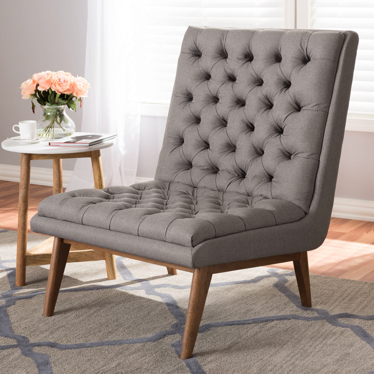 Baxton Studio Annetha Mid-Century Modern Grey Fabric Upholstered Walnut Finished Wood Lounge Chair Baxton Studio-chairs-Minimal And Modern - 7
