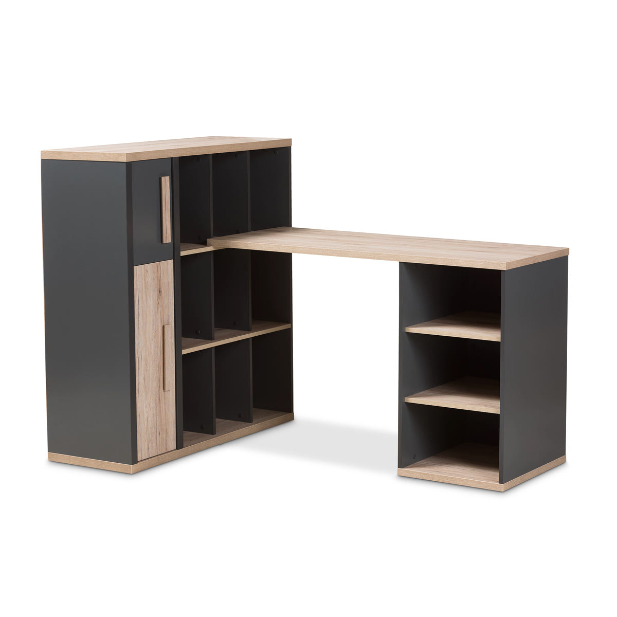 Baxton Studio Pandora Modern and Contemporary Dark Grey and Light Brown Two-Tone Study Desk with Built-in Shelving Unit Baxton Studio-Desks-Minimal And Modern - 1