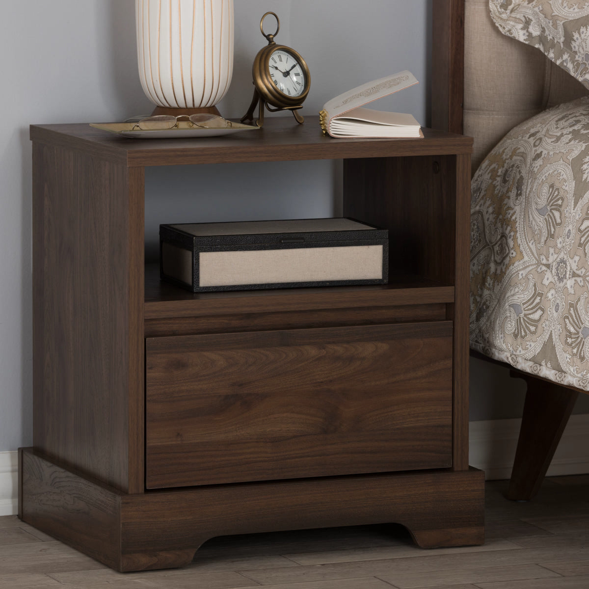 Baxton Studio Burnwood Modern and Contemporary Walnut Brown Finished Wood 1-Drawer Nightstand Baxton Studio-nightstands-Minimal And Modern - 9