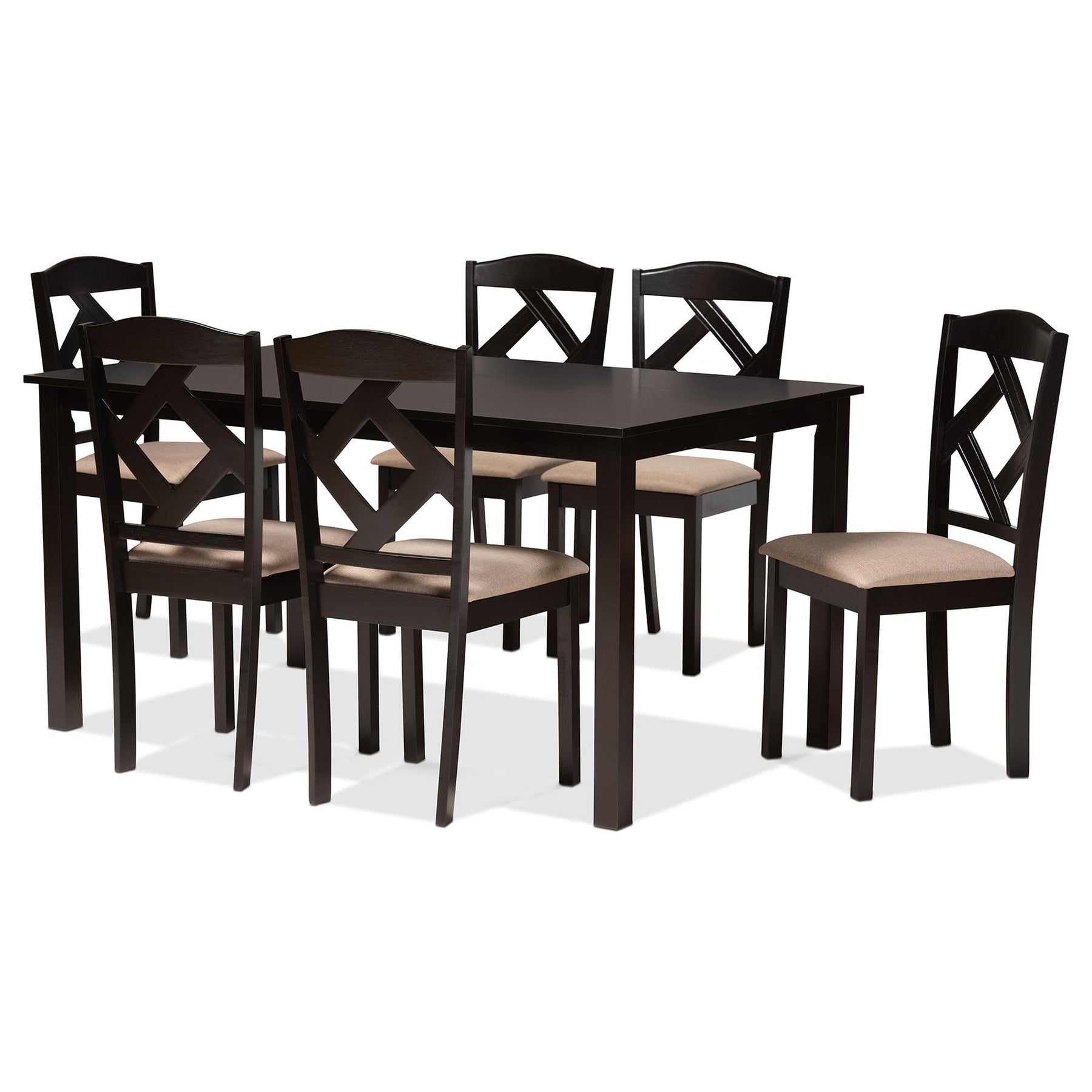 Baxton Studio Ruth Sand Fabric Upholstered And Dark Brown Finished Wood 7-Piece Dining Set - Ruth-Sand/Dark Brown-7PC Dining Set
