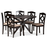 Baxton Studio Carlin Sand Fabric Upholstered And Dark Brown Finished Wood 7-Piece Dining Set - Carlin-Sand/Dark Brown-7PC Dining Set