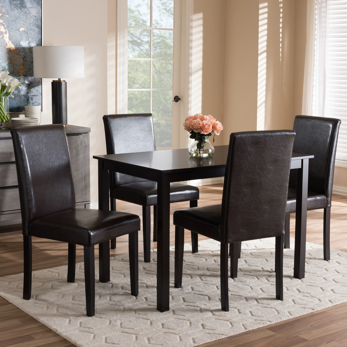 Baxton Studio Mia Modern and Contemporary Dark Brown Faux Leather Upholstered 5-Piece Dining Set Baxton Studio-0-Minimal And Modern - 5