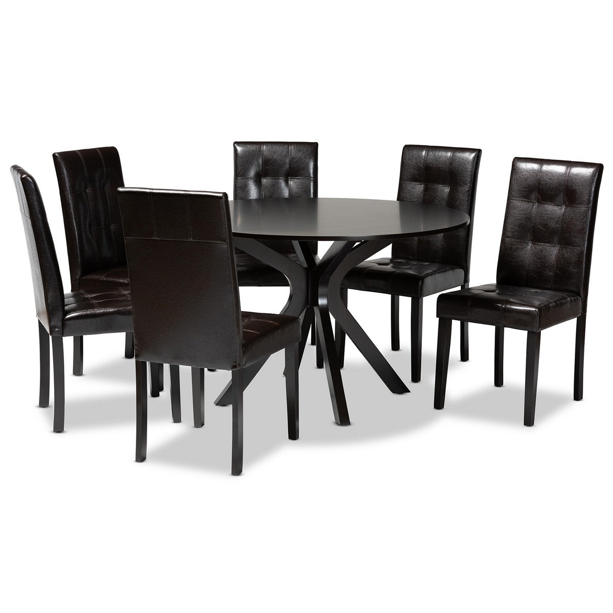 Baxton Studio Marie Modern and Contemporary Dark Brown Faux Leather Upholstered and Dark brown Finished Wood 7-Piece Dining Set Baxton Studio-Dining Sets-Minimal And Modern - 1