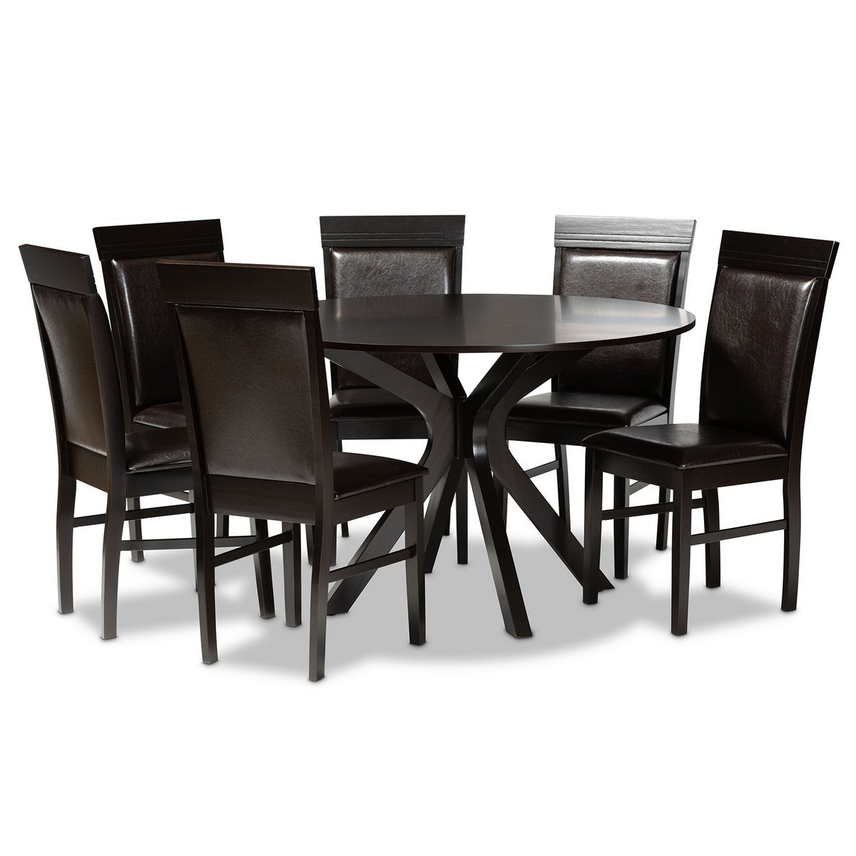 Baxton Studio Jeane Modern and Contemporary Dark Brown Faux Leather Upholstered and Dark Brown Finished Wood 7-Piece Dining Set Baxton Studio-Dining Sets-Minimal And Modern - 1