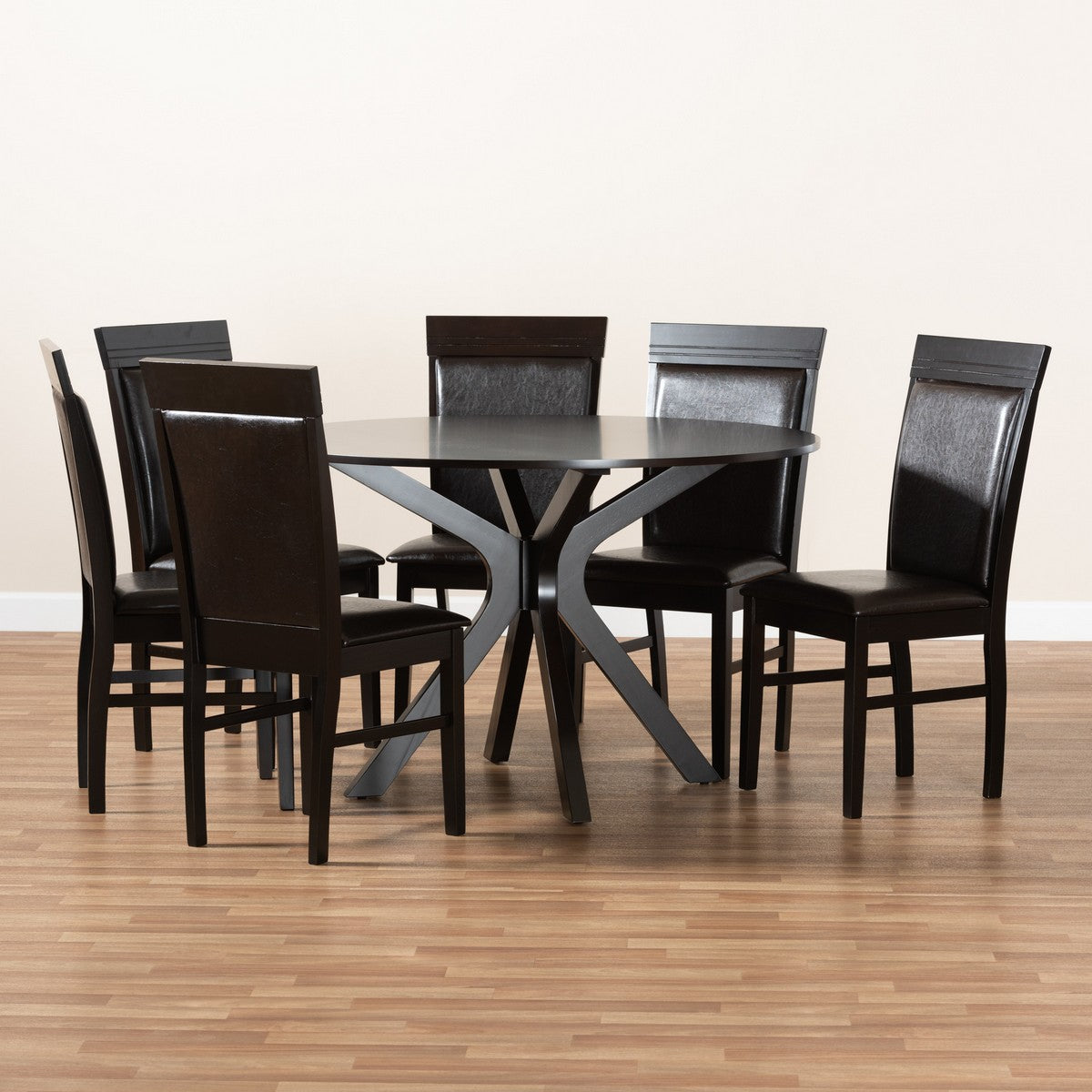 Baxton Studio Jeane Modern and Contemporary Dark Brown Faux Leather Upholstered and Dark Brown Finished Wood 7-Piece Dining Set