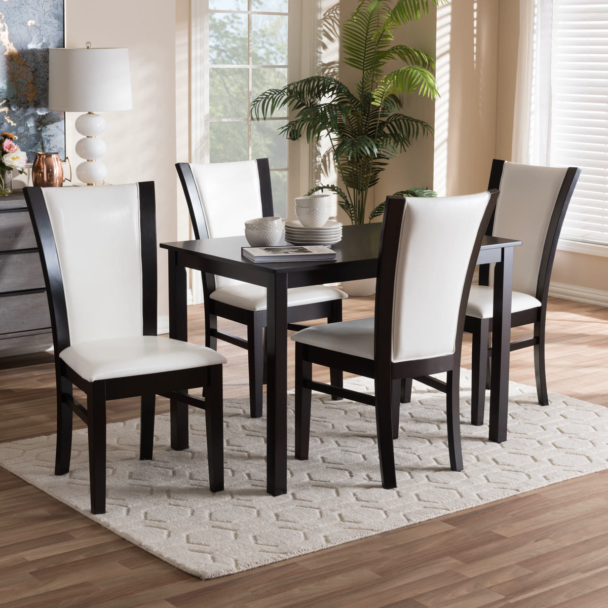 Baxton Studio Adley Modern and Contemporary 5-Piece Dark Brown Finished White Faux Leather Dining Set Baxton Studio-0-Minimal And Modern - 5