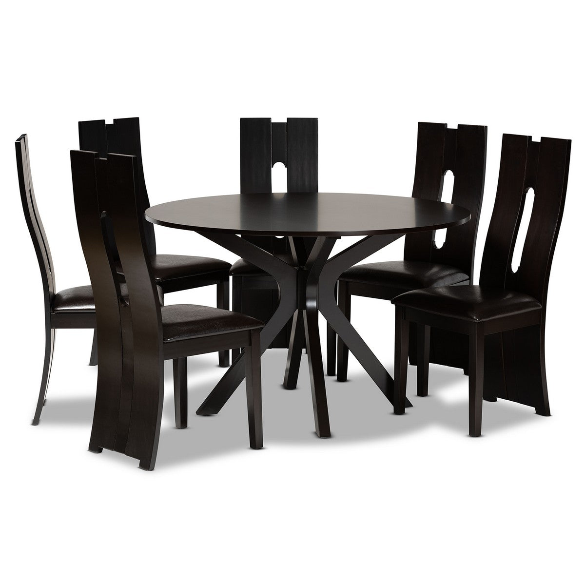 Baxton Studio Kenyon Modern and Contemporary Dark Brown Faux Leather Upholstered and Dark Brown Finished Wood 7-Piece Dining Set Baxton Studio-Dining Sets-Minimal And Modern - 1
