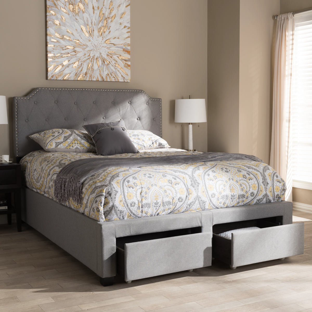 Baxton Studio Aubrianne Modern and Contemporary Grey Fabric Upholstered King Size Storage Bed Baxton Studio-beds-Minimal And Modern - 2
