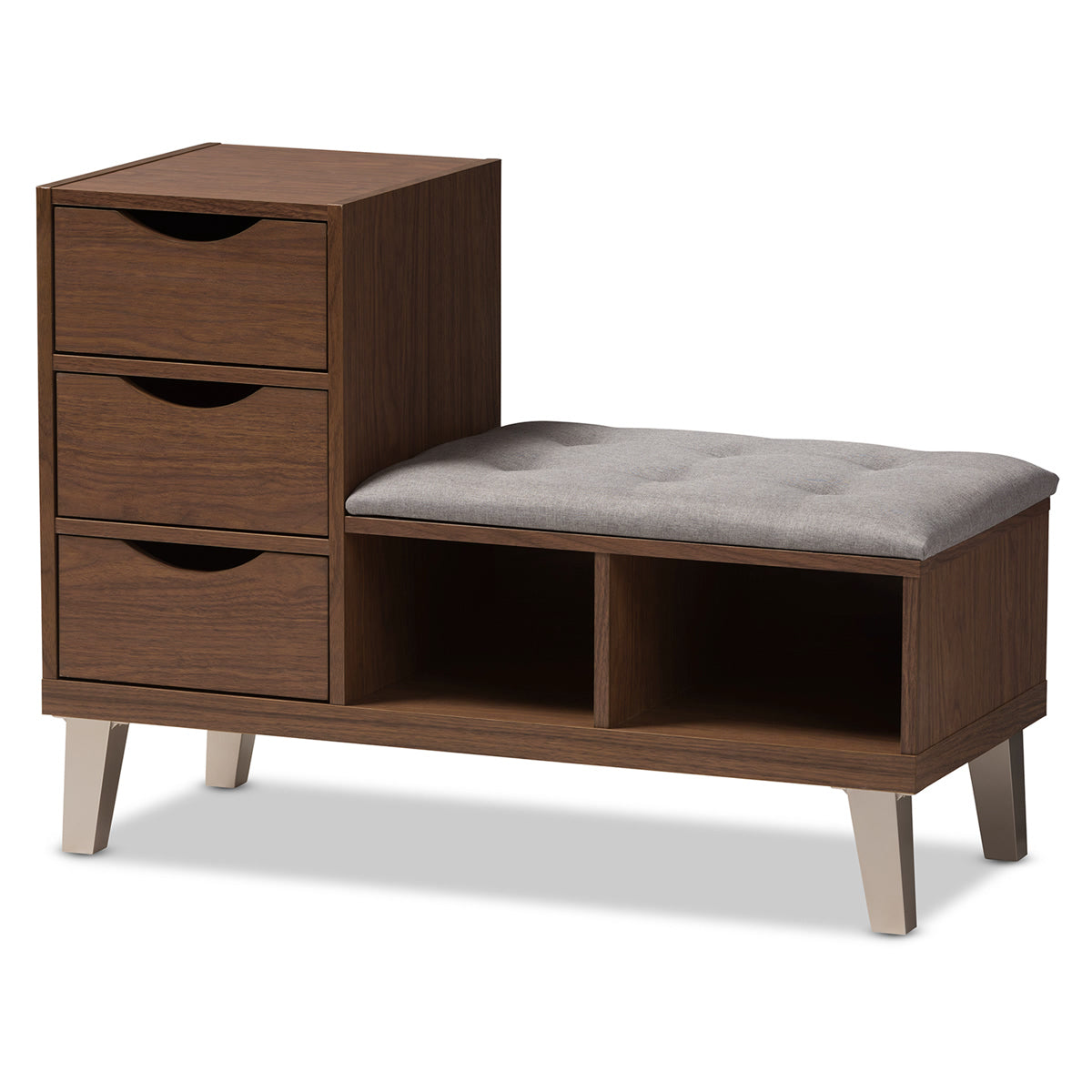 Baxton Studio Arielle Modern and Contemporary Walnut Wood 3-Drawer Shoe Storage Grey Fabric Upholstered Seating Bench with Two Open Shelves Baxton Studio-0-Minimal And Modern - 1
