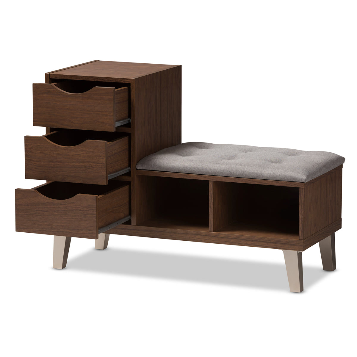Baxton Studio Arielle Modern and Contemporary Walnut Wood 3-Drawer Shoe Storage Grey Fabric Upholstered Seating Bench with Two Open Shelves Baxton Studio-0-Minimal And Modern - 2