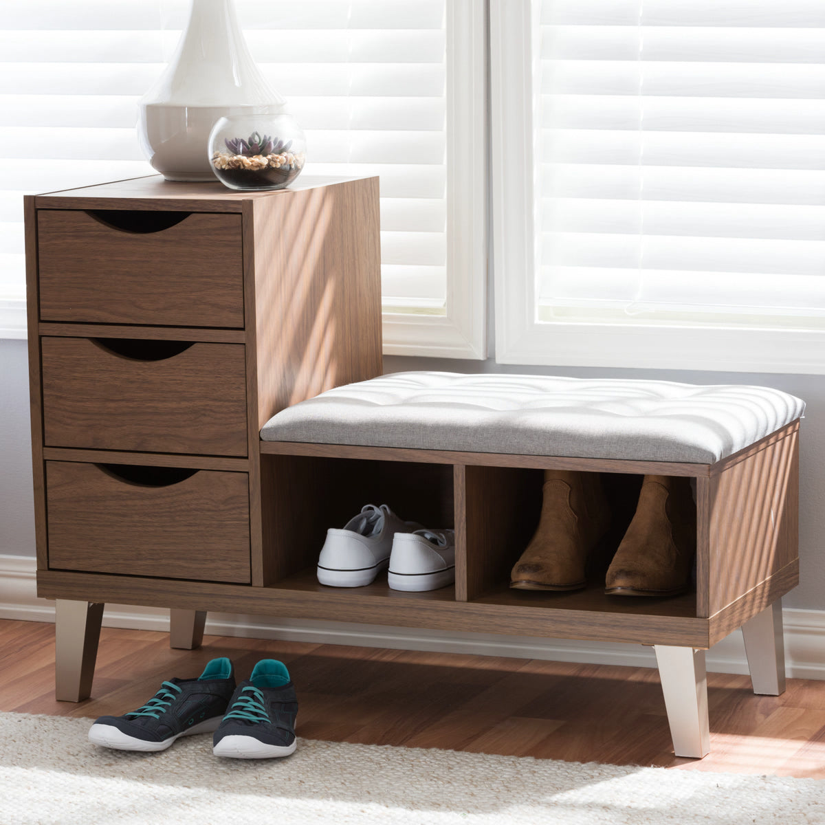 Baxton Studio Arielle Modern and Contemporary Walnut Wood 3-Drawer Shoe Storage Grey Fabric Upholstered Seating Bench with Two Open Shelves Baxton Studio-0-Minimal And Modern - 7