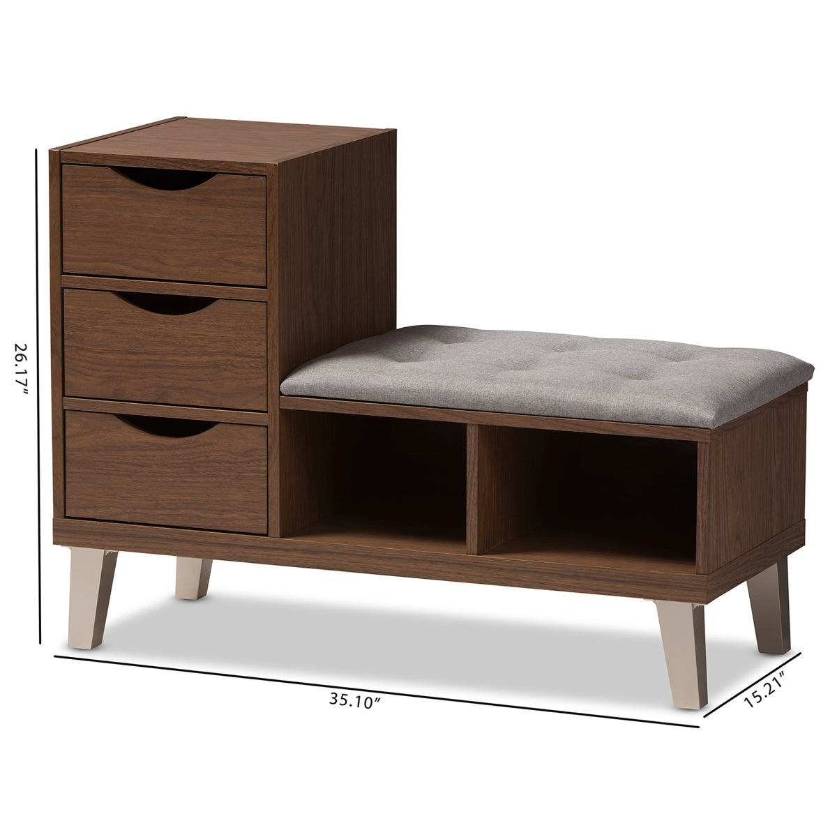 Baxton Studio Arielle Modern and Contemporary Walnut Wood 3-Drawer Shoe Storage Grey Fabric Upholstered Seating Bench with Two Open Shelves Baxton Studio-0-Minimal And Modern - 9
