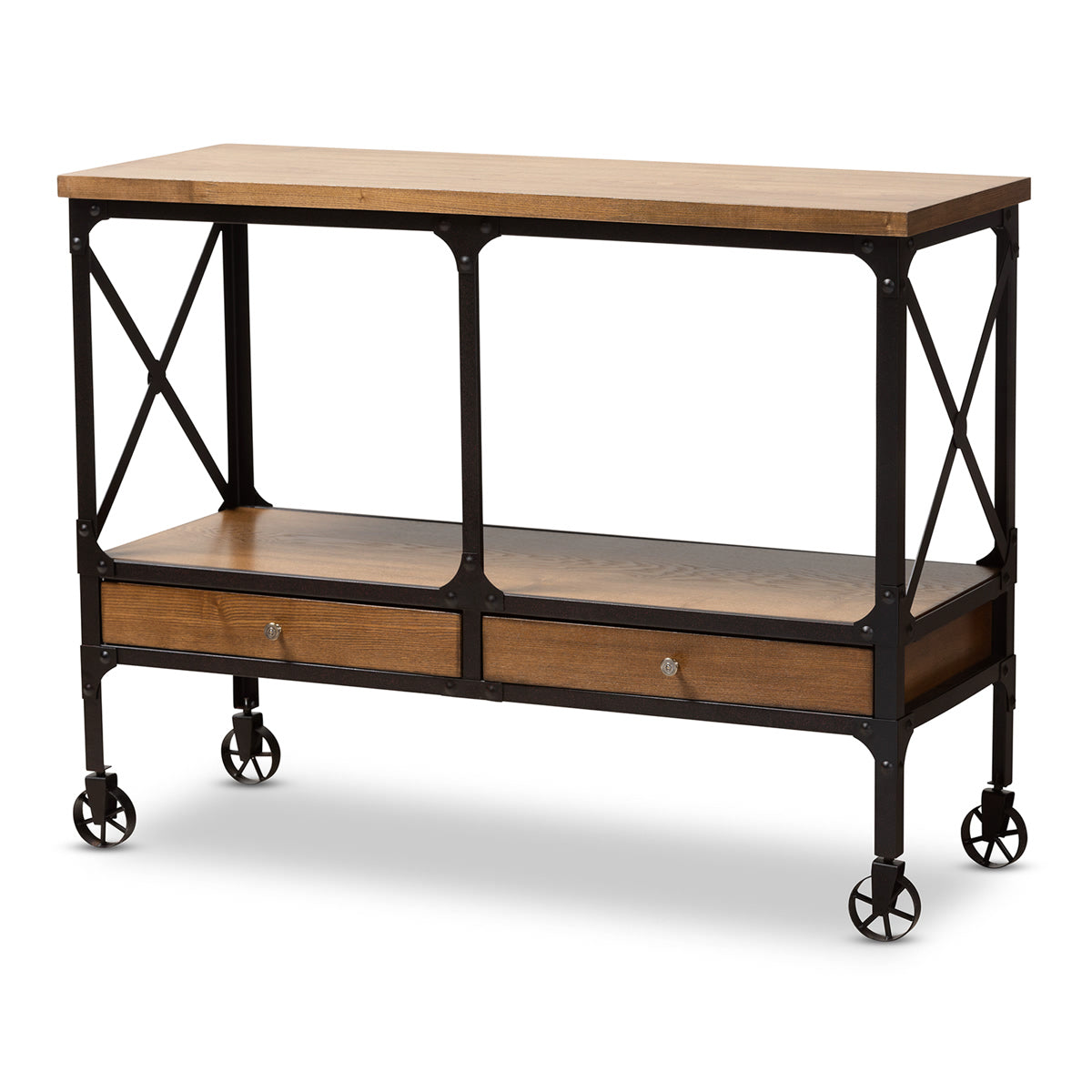 Baxton Studio Alves Vintage Rustic Industrial Style Wood and Dark Bronze Finished Metal Wheeled Console Table with Drawers Baxton Studio-0-Minimal And Modern - 1