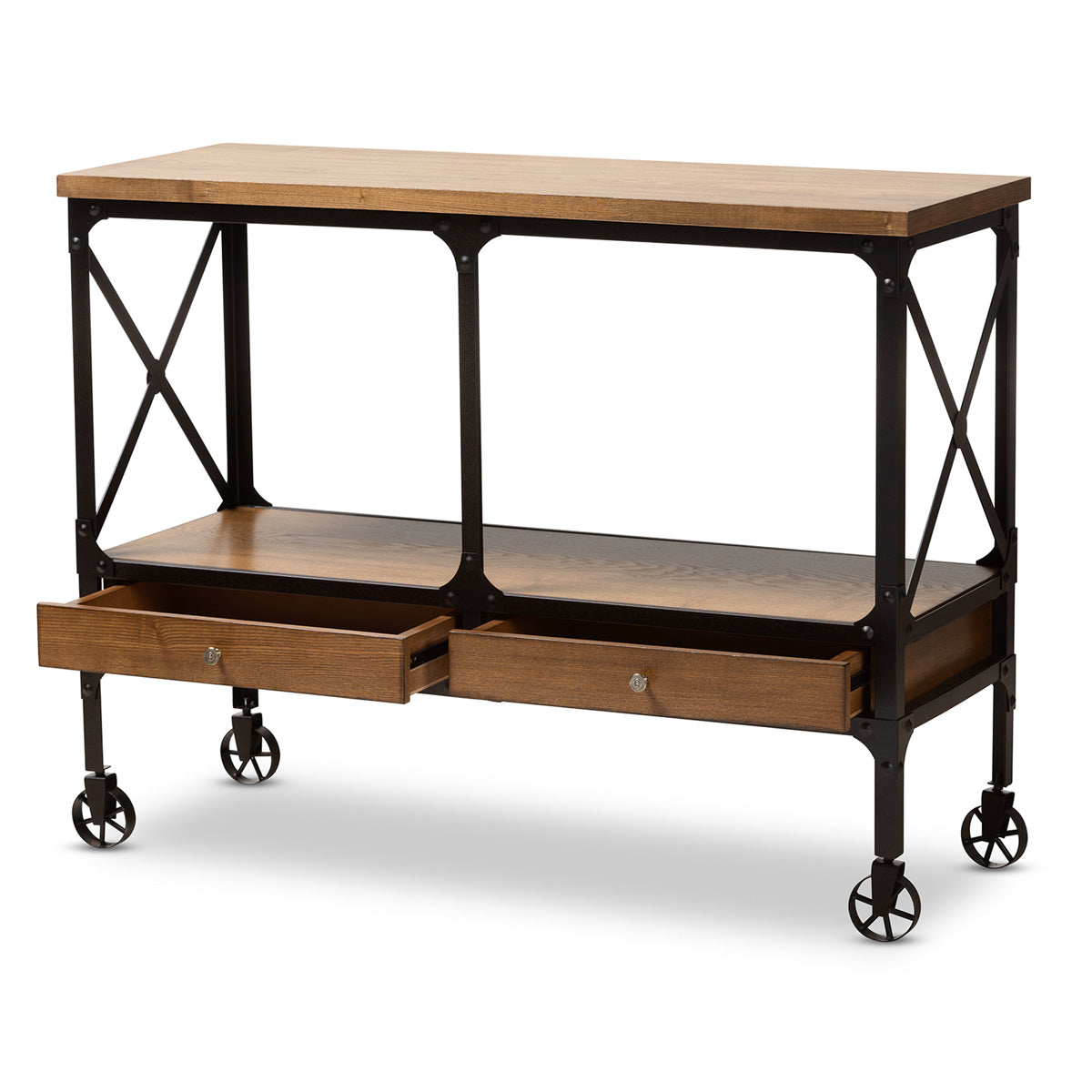 Baxton Studio Alves Vintage Rustic Industrial Style Wood and Dark Bronze Finished Metal Wheeled Console Table with Drawers Baxton Studio-0-Minimal And Modern - 2