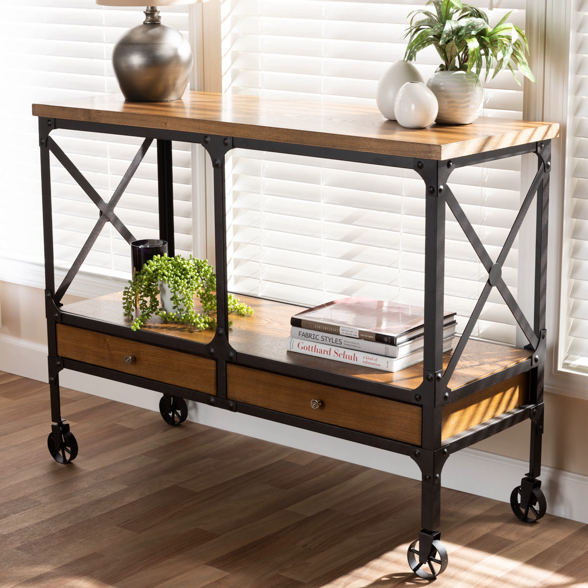 Baxton Studio Alves Vintage Rustic Industrial Style Wood and Dark Bronze Finished Metal Wheeled Console Table with Drawers Baxton Studio-0-Minimal And Modern - 7