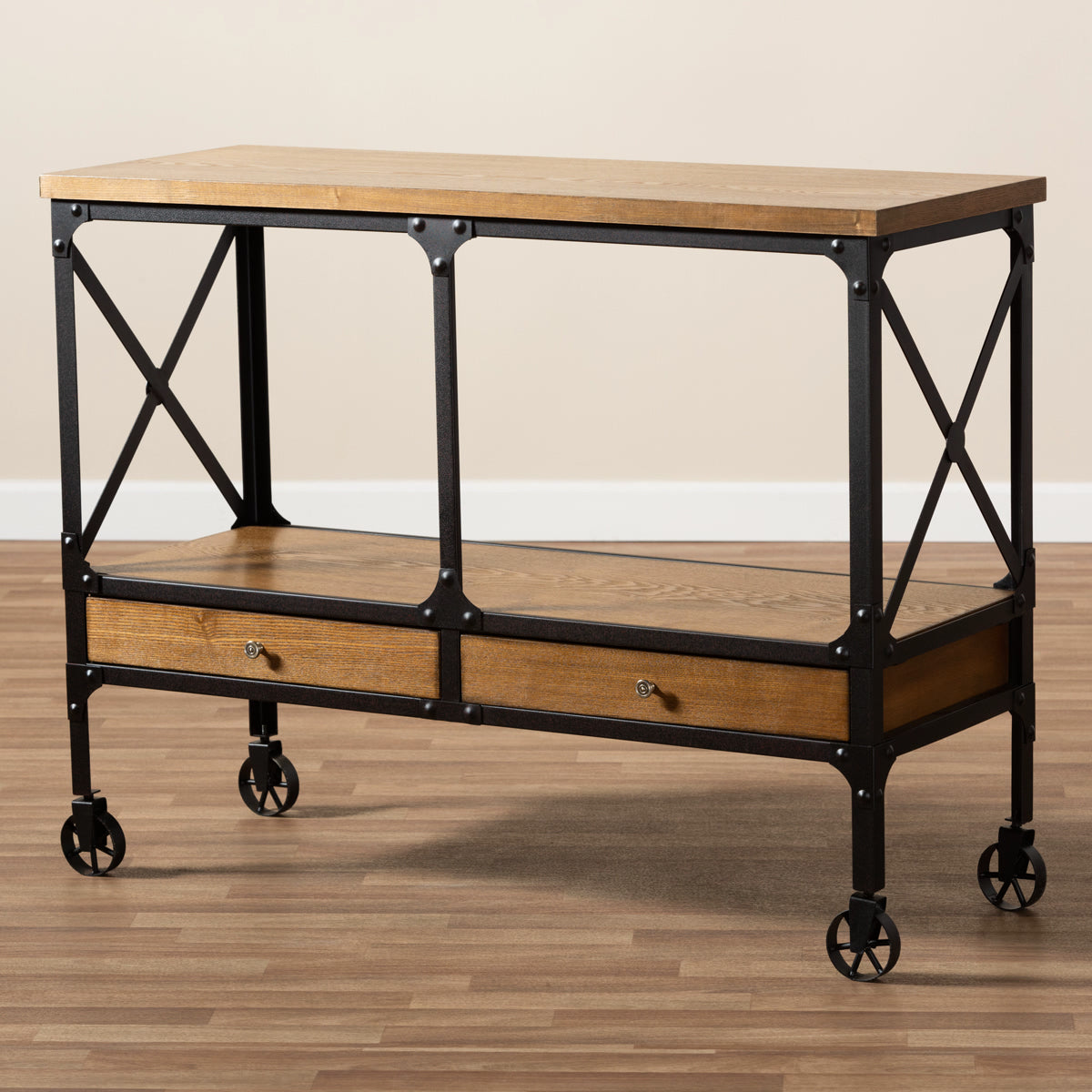 Baxton Studio Alves Vintage Rustic Industrial Style Wood and Dark Bronze Finished Metal Wheeled Console Table with Drawers Baxton Studio-0-Minimal And Modern - 8