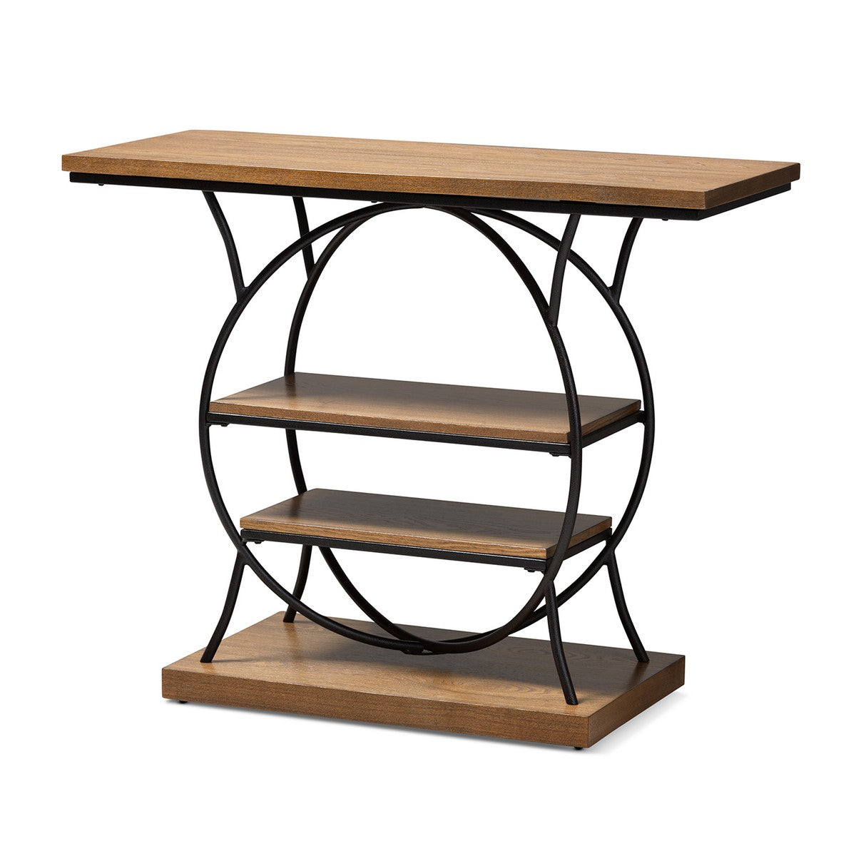 Baxton Studio Lavelle Vintage Rustic Industrial Style Walnut Brown Wood and Dark Bronze-Finished Metal Circular Console Table Baxton Studio-side tables-Minimal And Modern - 1