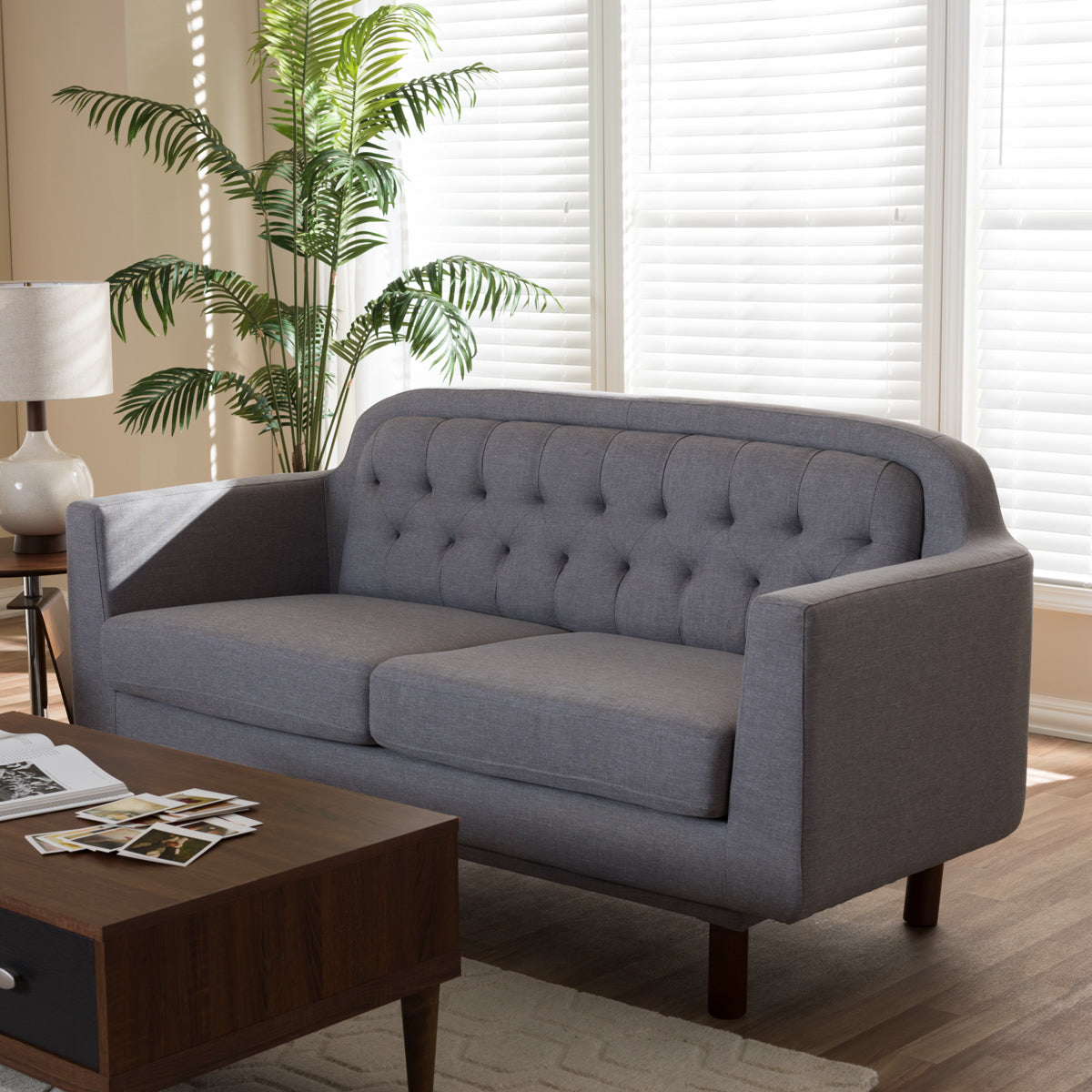 Baxton Studio Virginia Mid-Century Modern Light Grey Fabric Upholstered Walnut Wood Button-Tufted 3-Seater Sofa Baxton Studio-sofas-Minimal And Modern - 1