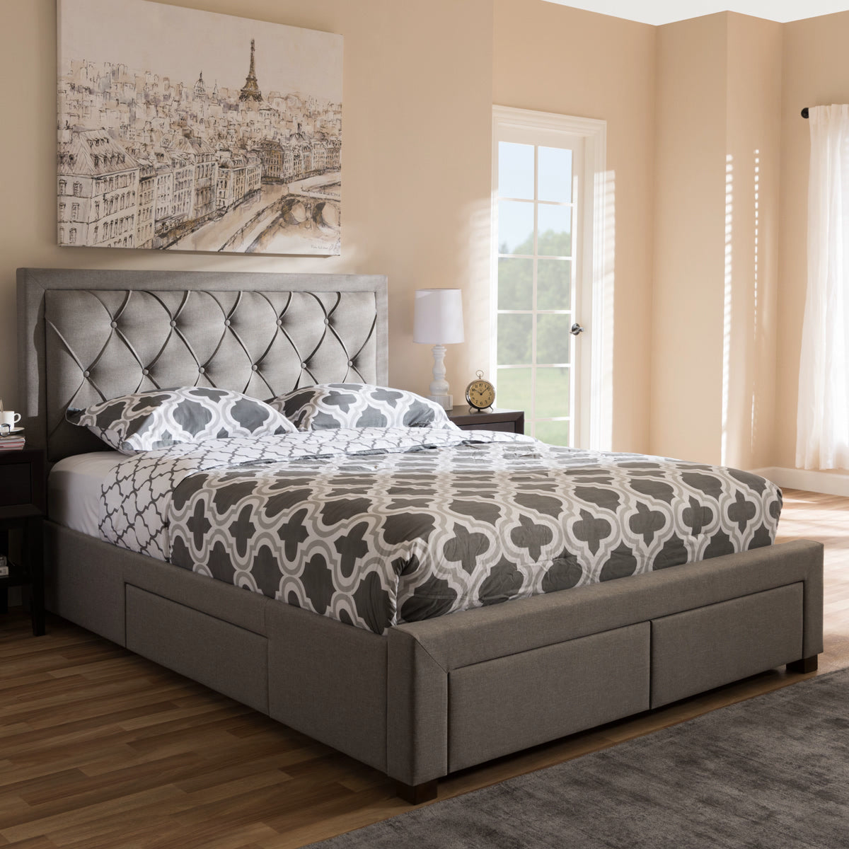 Baxton Studio Aurelie Modern and Contemporary Light Grey Fabric Upholstered King Size Storage Bed Baxton Studio-beds-Minimal And Modern - 2