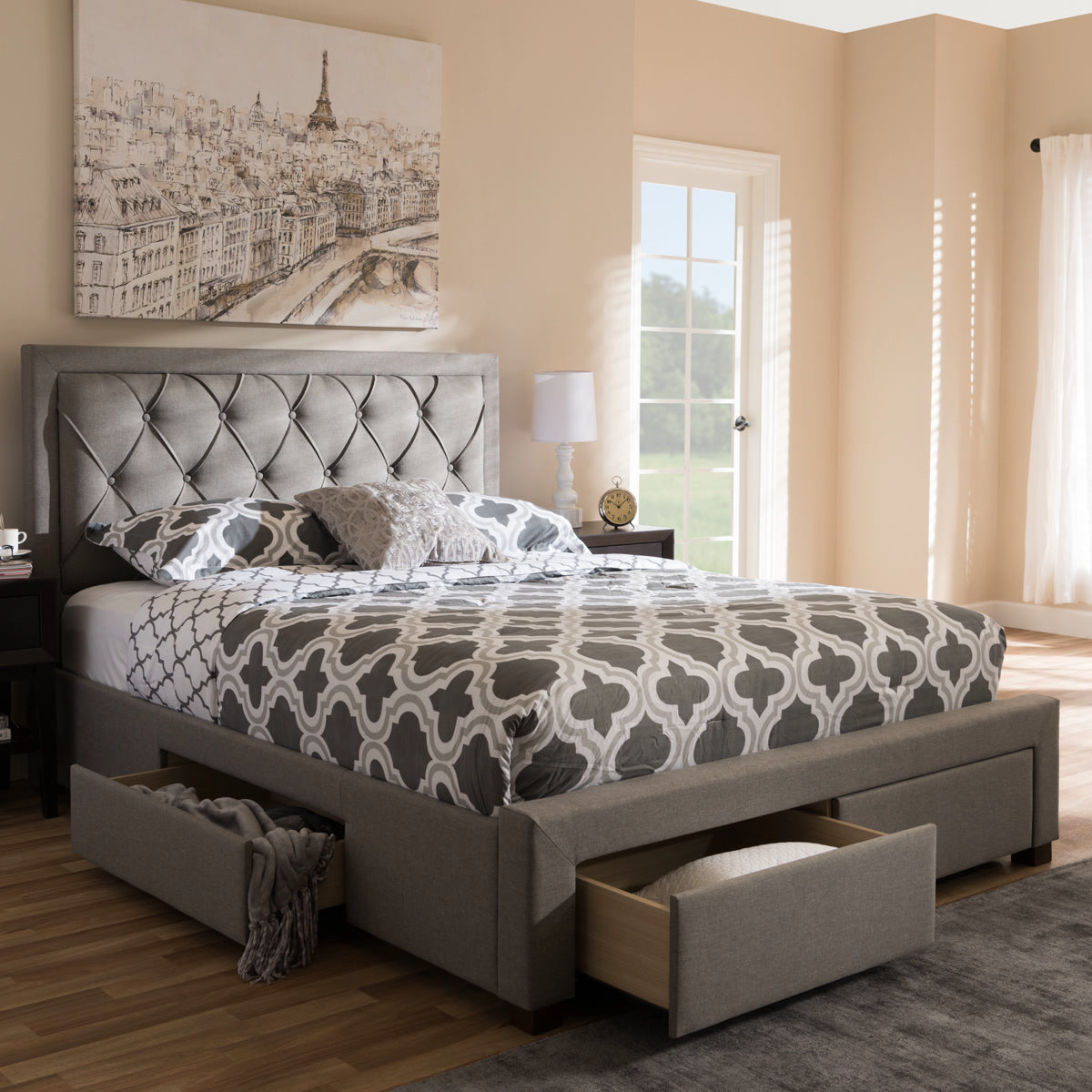 Baxton Studio Aurelie Modern and Contemporary Light Grey Fabric Upholstered King Size Storage Bed Baxton Studio-beds-Minimal And Modern - 3