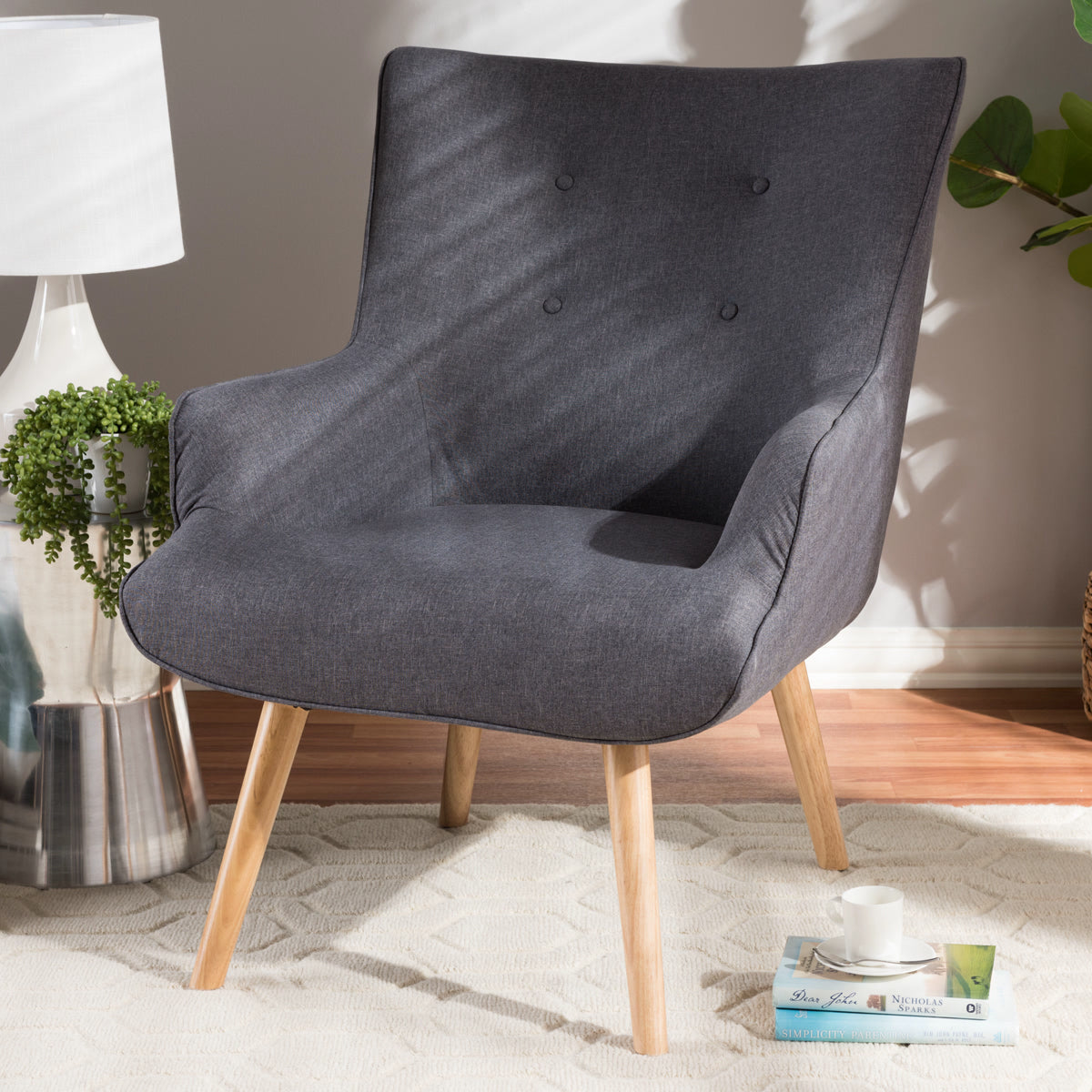 Baxton Studio Alden Mid-Century Modern Dark Grey Fabric Upholstered Natural Finished Wood Lounge Chair Baxton Studio-chairs-Minimal And Modern - 7
