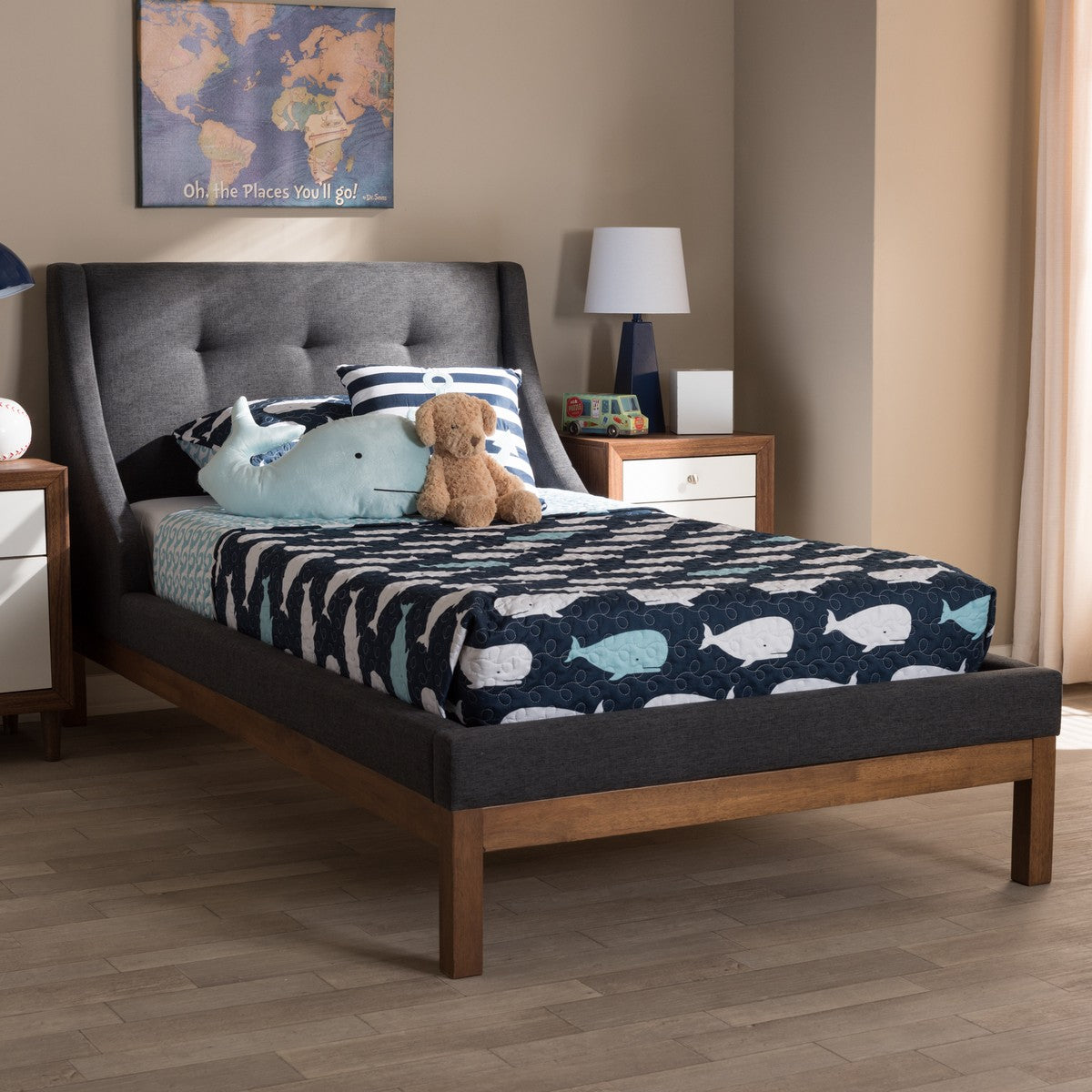 Baxton Studio Louvain Modern and Contemporary Dark Grey Fabric Upholstered Walnut-Finished Twin Sized Platform Bed