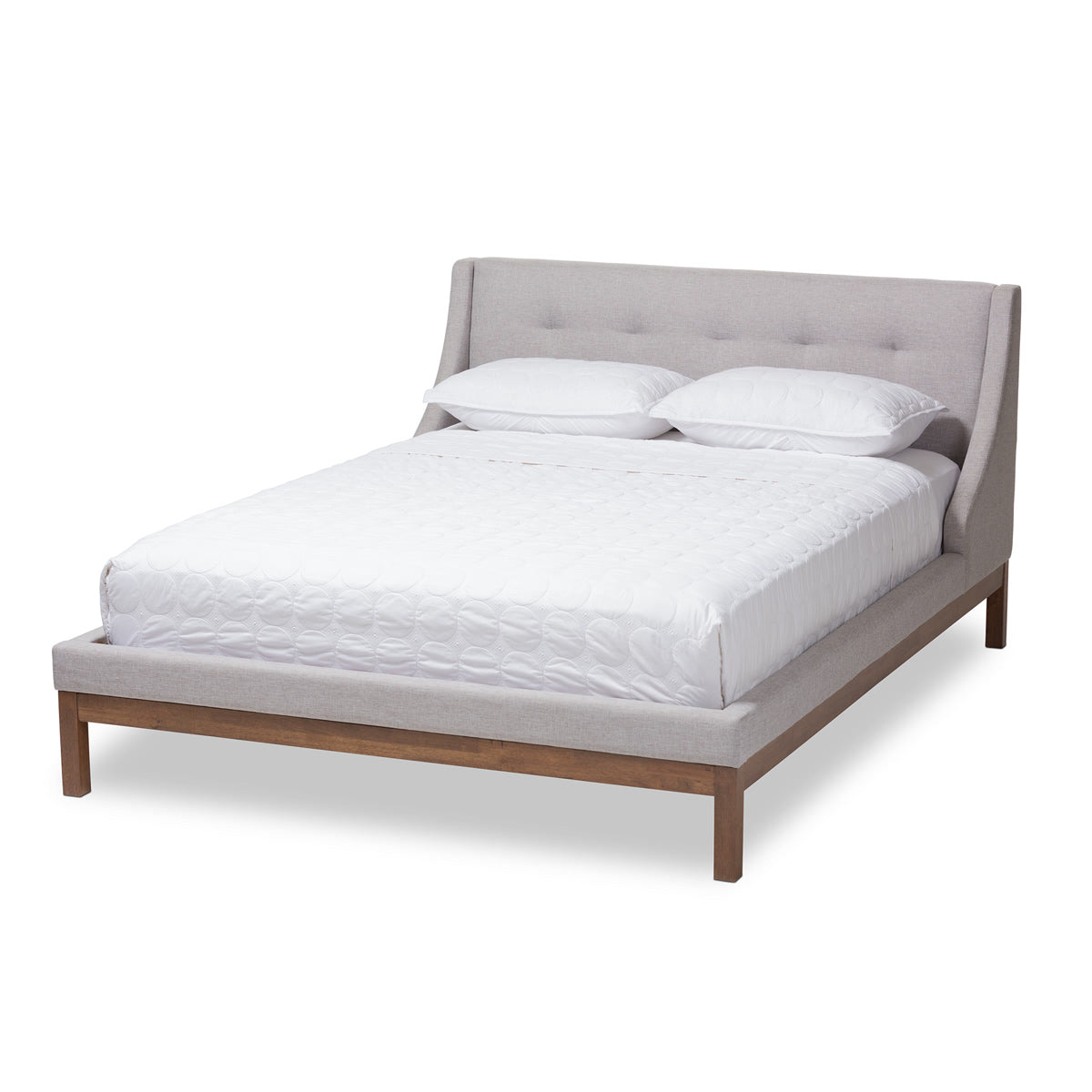 Baxton Studio Louvain Modern and Contemporary Greyish Beige Fabric Upholstered Walnut-Finished Queen Sized Platform Bed Baxton Studio-beds-Minimal And Modern - 1